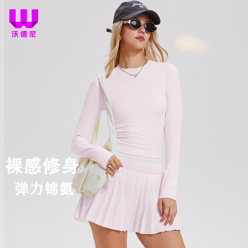 Trajes deportivos, trajes de yoga cortos, mangas largas, falda de tenis elástica, secado rápido, delgado, abdomen cerrado, conjunto de camisas de ejercicio.