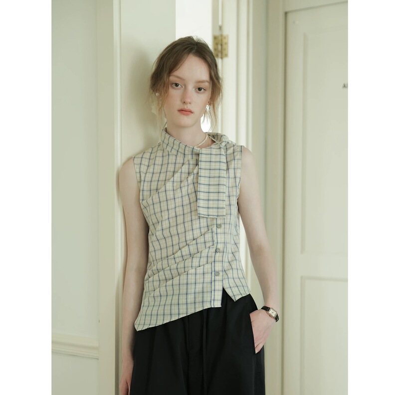 Blue plaid high-necked waist-cinching slim-fit unique top for women, vintage design with tie detail, sleeveless shirt
