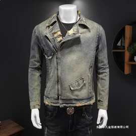 重机车服新款男做旧灰摩托服牛仔外套男潮牌夹克工装上衣耐磨