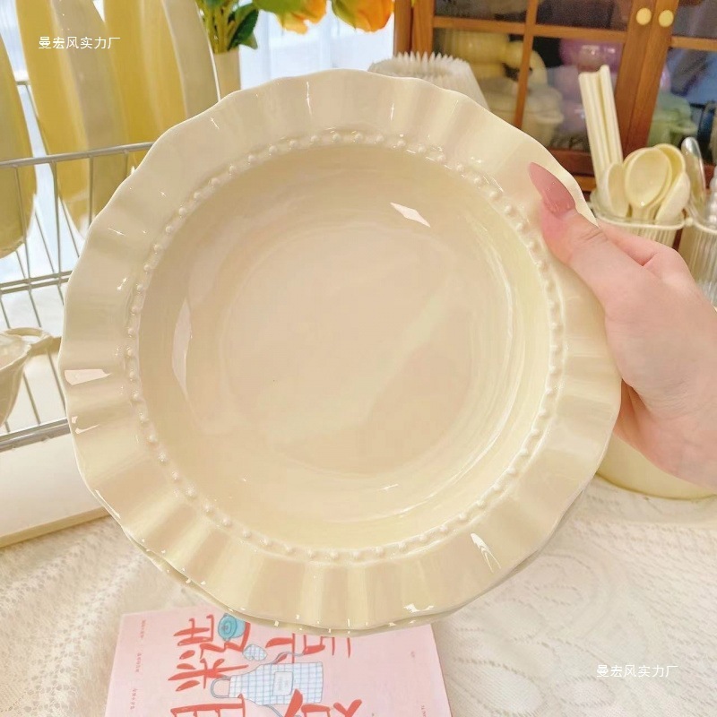 ミルクフフクリームレースプレートホームブレックファストフルーツプレートサラダプレート野菜プレートセラミックプレートクリームスタイル麦わら帽子プレート|undefined