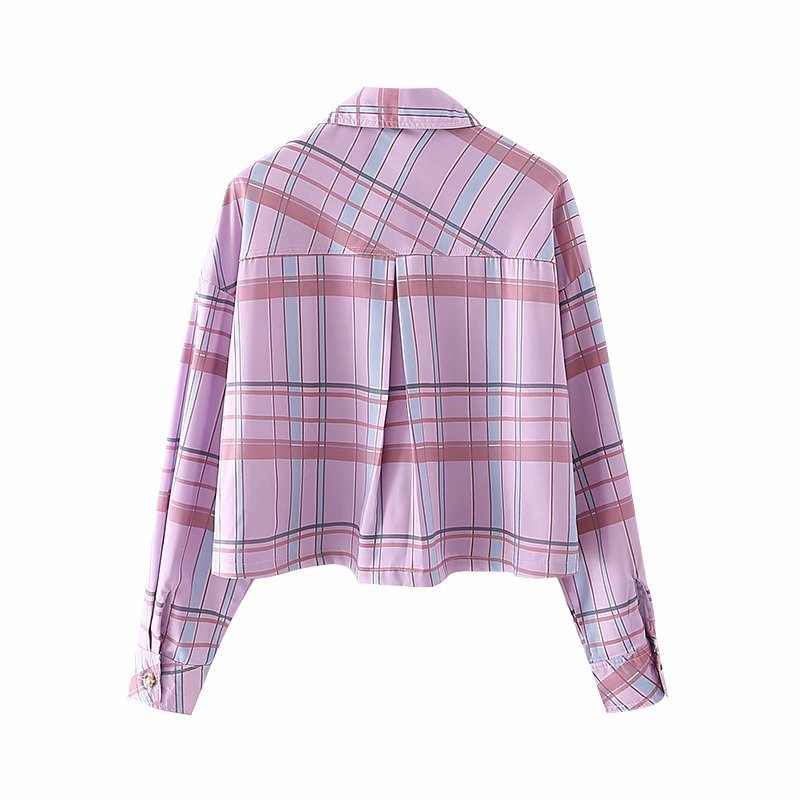 loose lapel plaid pockets casual shirt blouse  NSAM29979