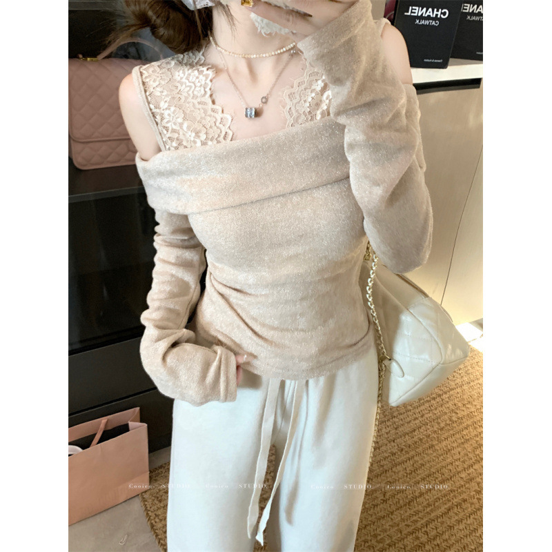Real shot in stock sequins bottoming sweater top women's off-shoulder lace neck for autumn high-end wear
