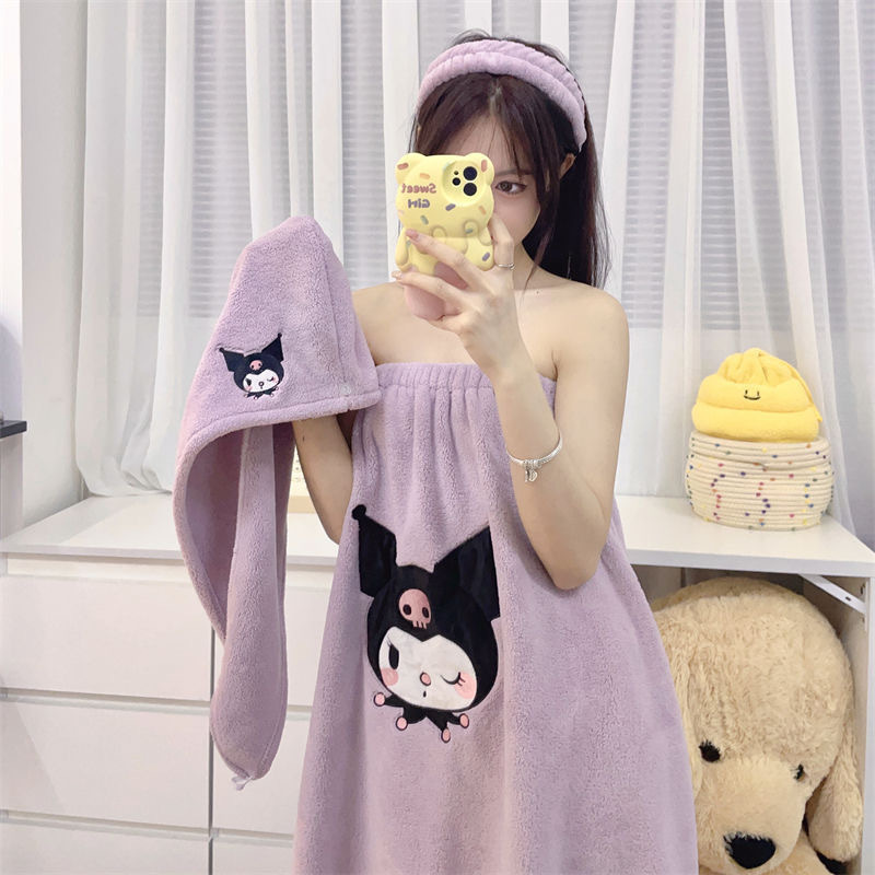 Towel, Bath Towel, Hair Drying Cap, Three-Piece Set, Cartoon Kuromi, Wearable and Wrapable Bath Skirt, Coral Velvet Hair Drying Towel Wholesale Towel, Bath Towel, Hair Drying Cap, Three-Piece Set, Cartoon Kuromi, Wearable and Wrapable Bath Skirt, Coral Velvet Hair Drying Towel Wholesale