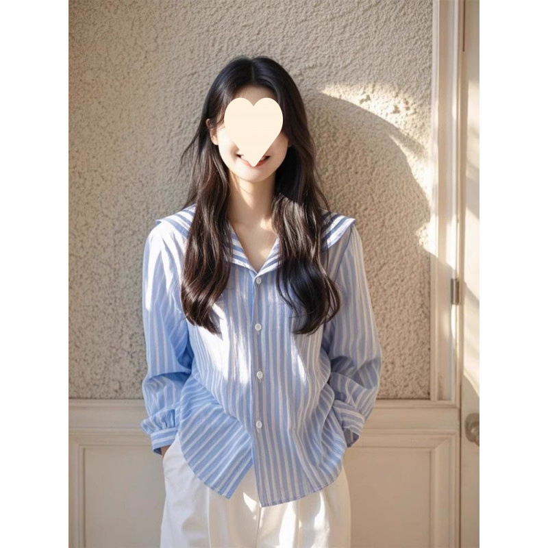 Blue Striped Navy Collar Shirt Jacket Women's Autumn 2025 New High-End Top Fashion Trendy Stylish