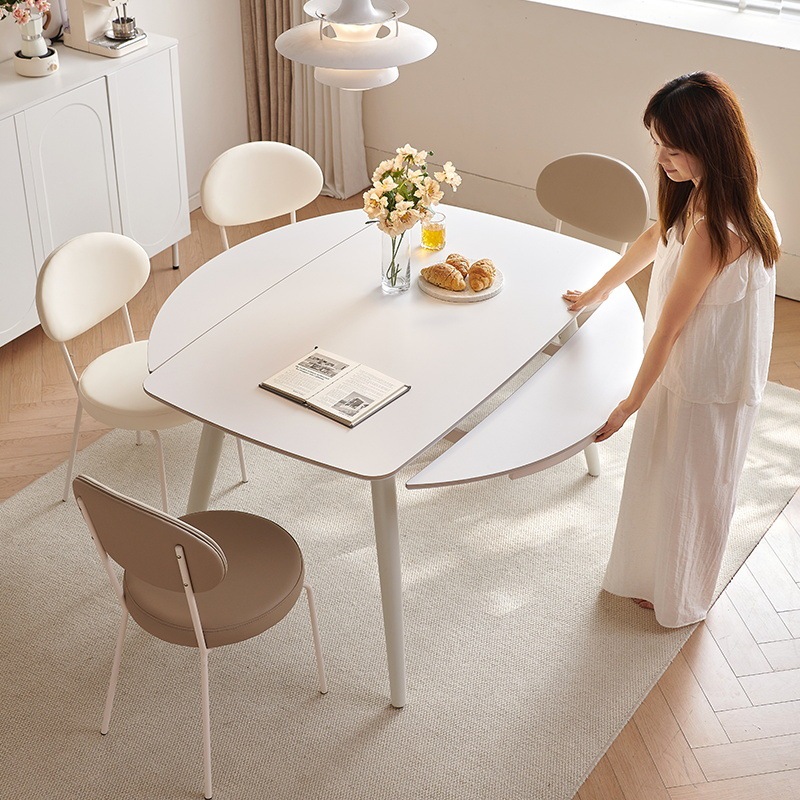 Winter Bear Cream Style Solid Wood Ash Rock Board Dining Table and Chair Variable Round Table Small Apartment Telescopic Combination Modern Simple