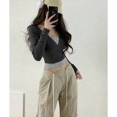 Button Sexy False Two-Piece Sports Tight Top Outdoor Casual Short-Sleeve T-Shirt for Women 1394