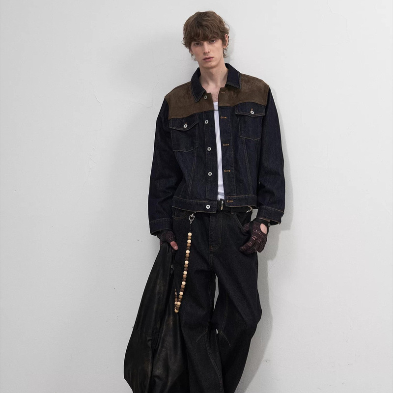Barn-style denim jacket for spring and autumn, suede patchwork with contrast stitching, original color denim coat, regular shoulder jacket, trendy top