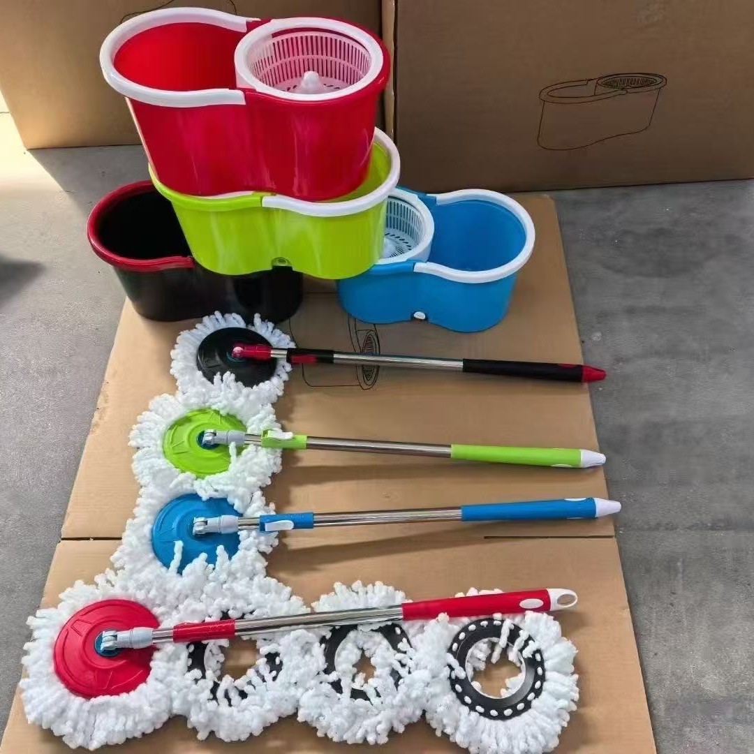 Fregona giratoria de doble accionamiento, varilla de acero inoxidable, fregona de agua autoretorcida de presión manual, fregona de lavado a mano, fregona de cubo de ocho caracteres negros