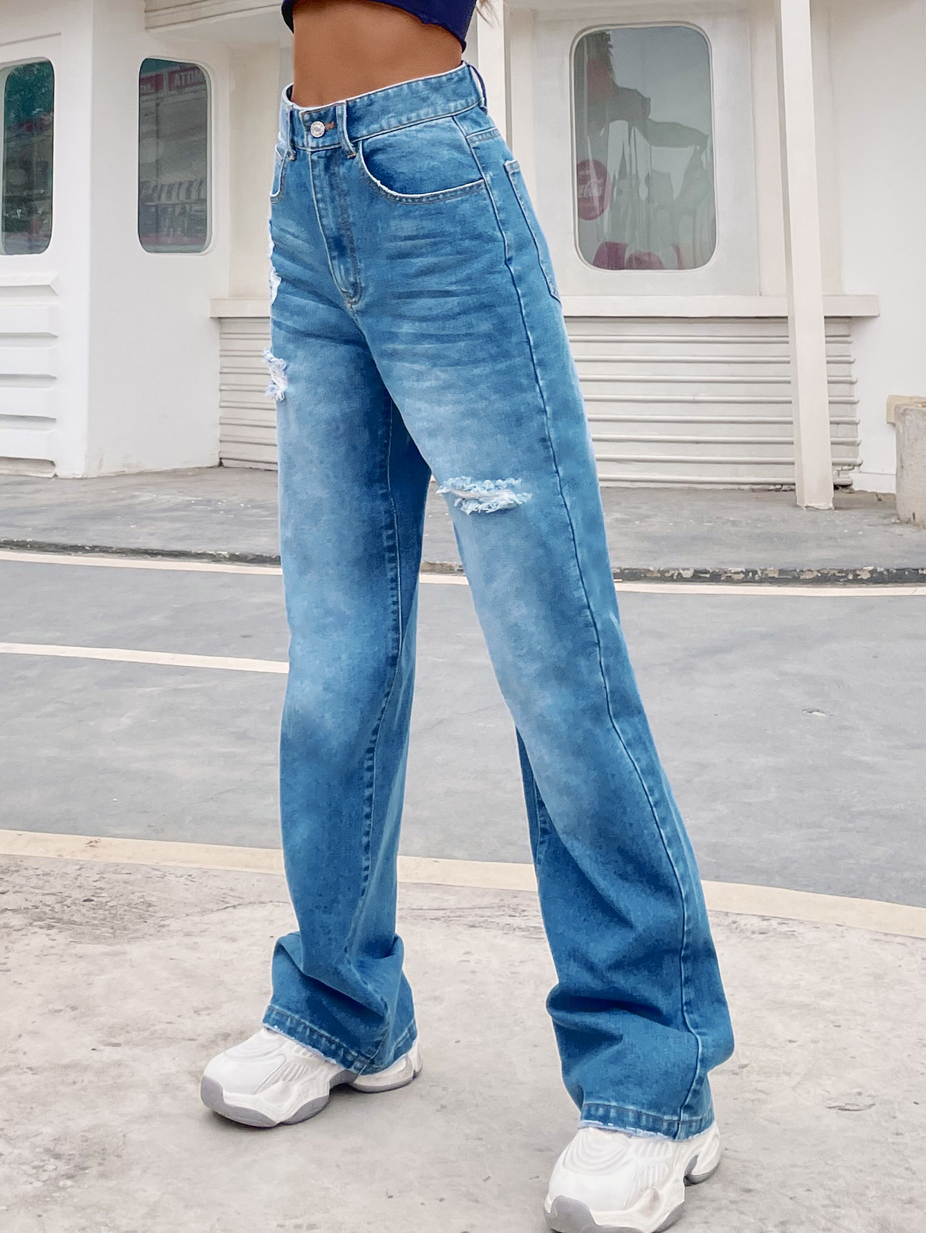 Loose High Waist Mopping Hole Denim Trousers Nihaostyles wholesale clothing vendor NSJM76008