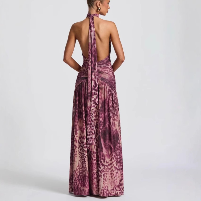 Women's Sexy Halter Neck Bodycon Maxi Dress With Low Back & Thigh Slit | Floral Print Ruffle Detail Lightweight & Flowy Fabric_ecoleips.com