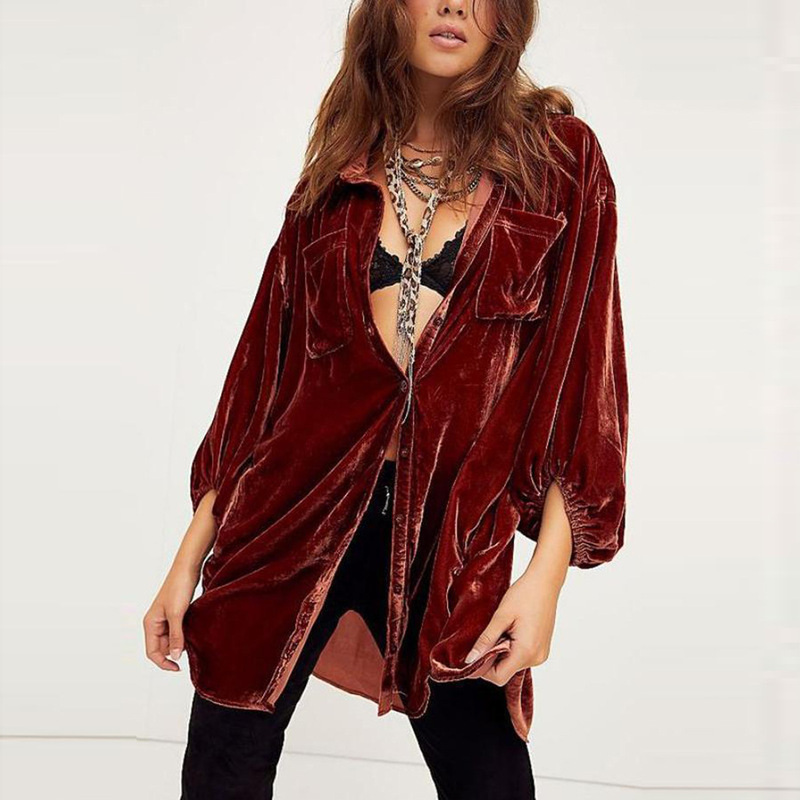 Spot 2025 Autumn and Winter Gold Velvet Dress Amazon European and American New Loose Lantern Sleeve Long Shirt Top