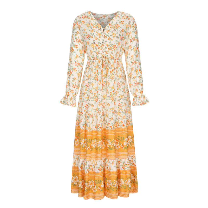 Amazon cross-border foreign trade new women's long-sleeved bohemian dress Indian ethnic style printed maxi dress for women