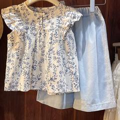 女童套裝2024夏季新款中小童洋氣碎花小飛袖上衣娃娃衫短袖襯衣