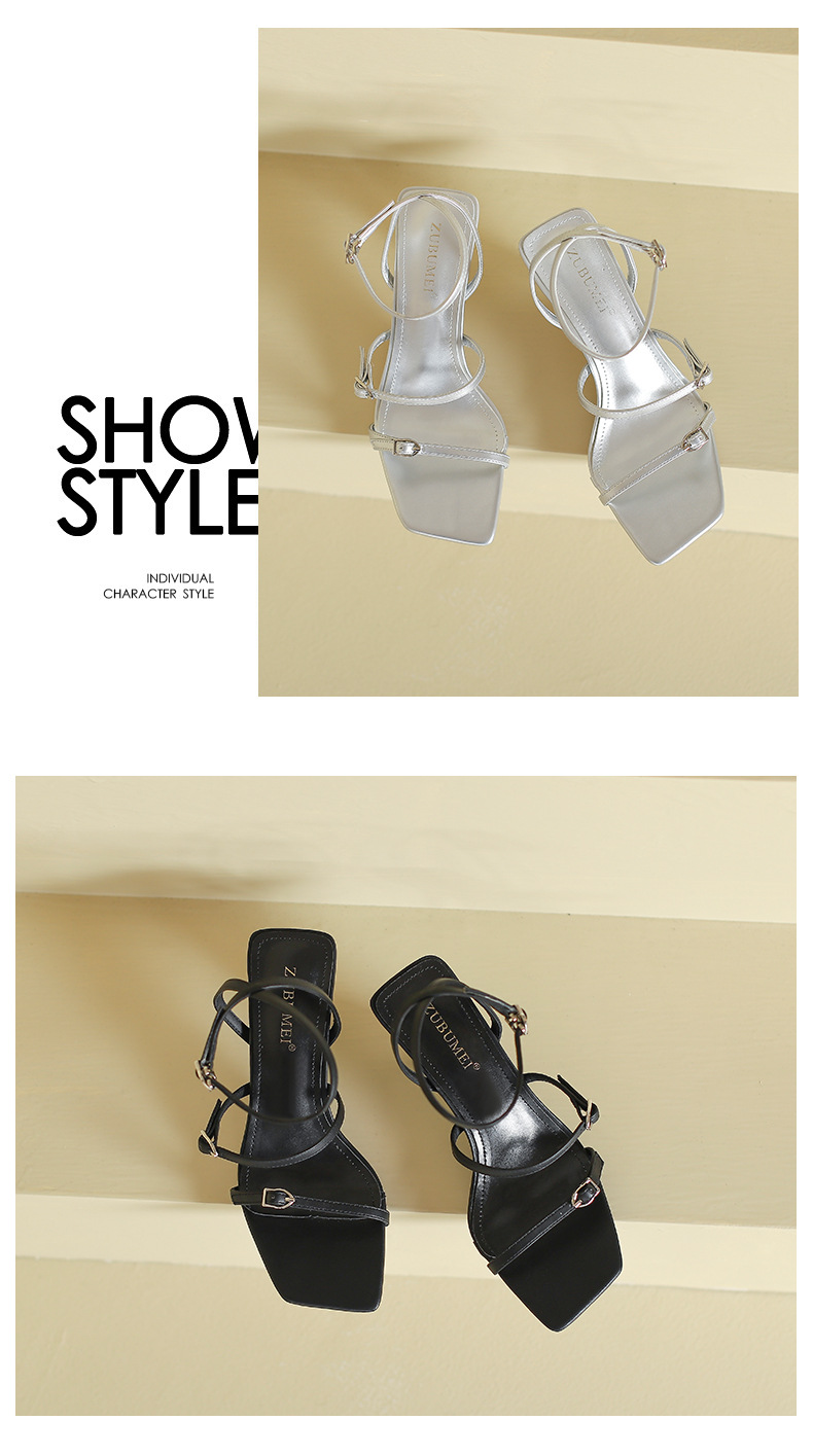 Giày sandal cao gót nữ mũi vuông hở mũi kiểu dáng gợi cảm — Màu đen chi tiết 9