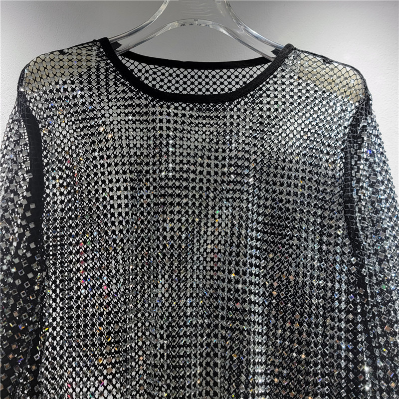 Nuevos productos europeos industria pesada caliente sensación de hielo estrella de diamante de cuello redondo camiseta de manga larga camiseta de perspectiva hueca camiseta