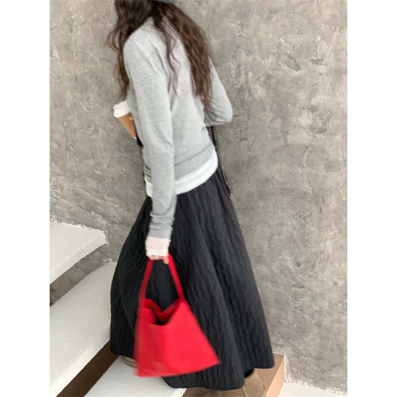 肌理感立体花苞裙氛围显瘦高腰百搭绗线中长半身裙秋冬|undefined