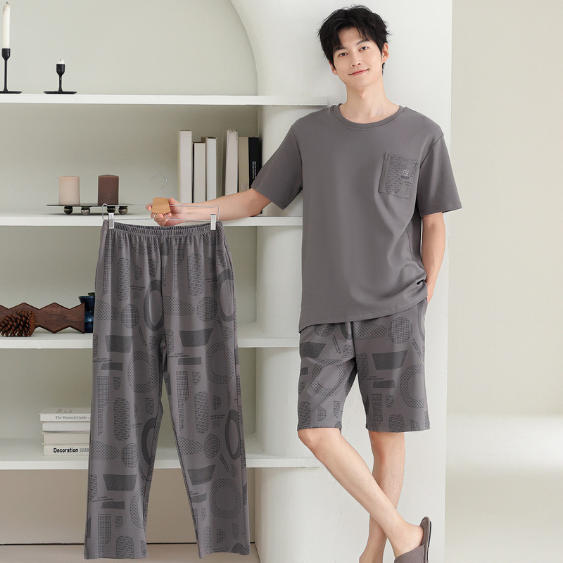 100% Pure Cotton Men's Summer Pajamas 7A Antibacterial Short-Sleeved Three-Piece Set Thin Style Youth Can Wear Outside the Home, All-Cotton Loungewear