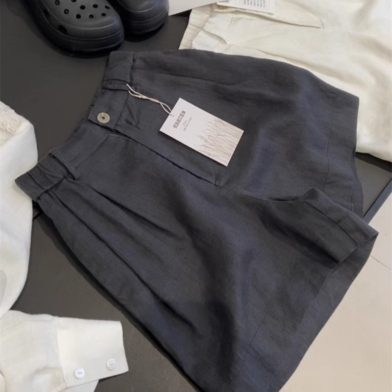 White Linen Shorts for Women, Summer Thin Style, Versatile, Elastic High-Waisted, Loose A-Line Wide-Leg Pants, Casual Suit Pants