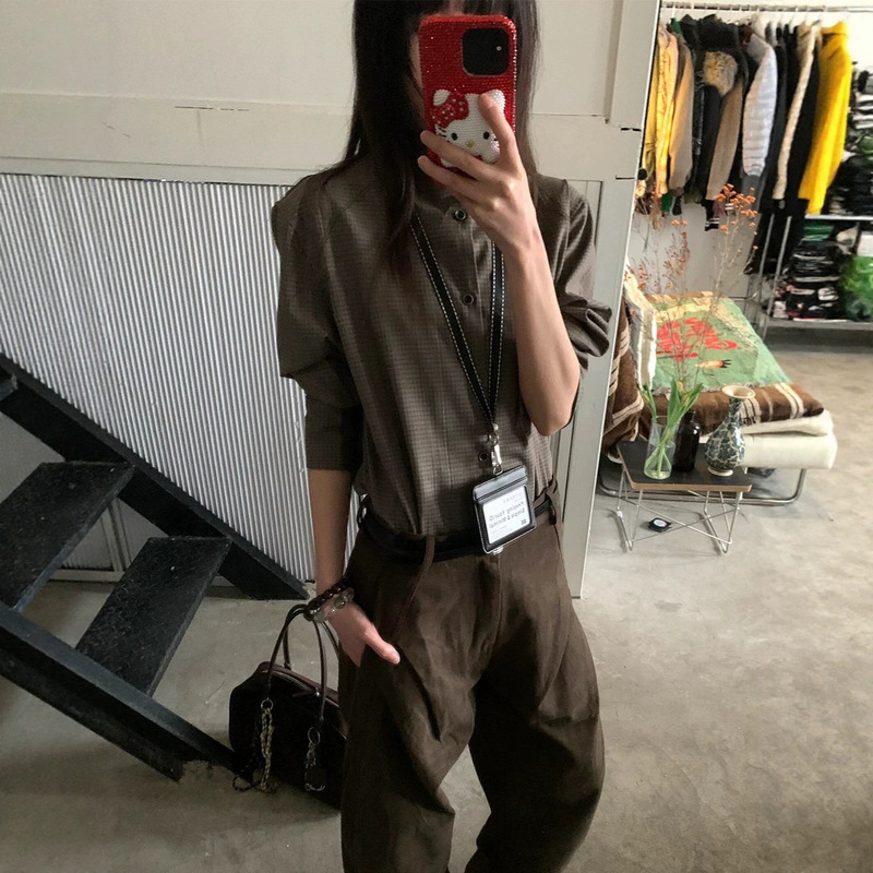 Slight Vogue "Oak" patchwork line seam high-neck right-shoulder plaid shirt