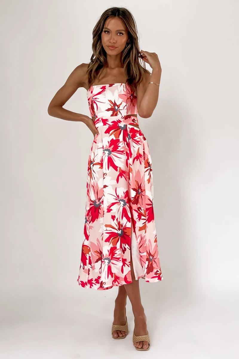 summer red floral print wrapped chest slit dress  NSCXY120969