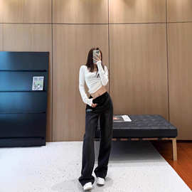 南油女装2025秋冬Alex新款烫钻字母加绒加厚松紧腰弯刀休闲裤女