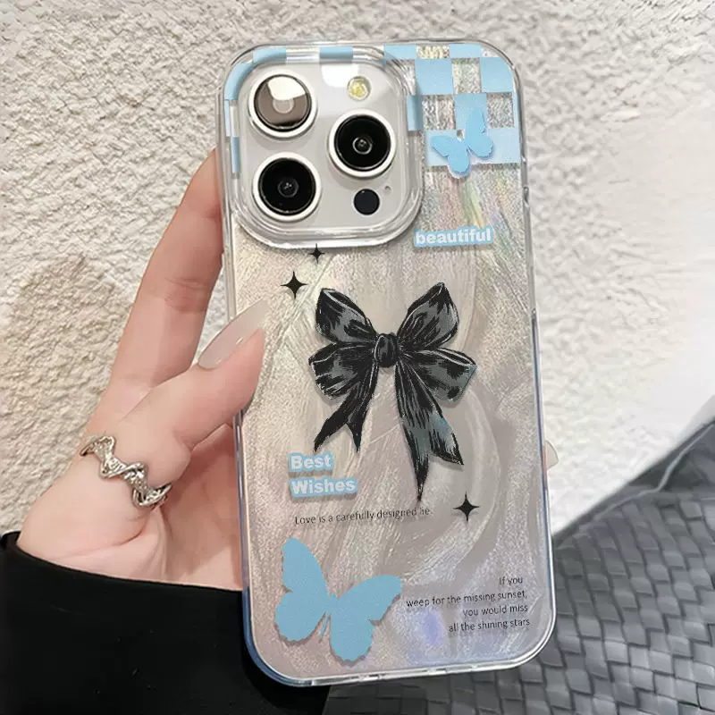 Blue Butterfly English подходит для Apple 16promax перо марля серебро 14 15 маленький свежий 13pro жесткая оболочка 16 большой отверстие 11
