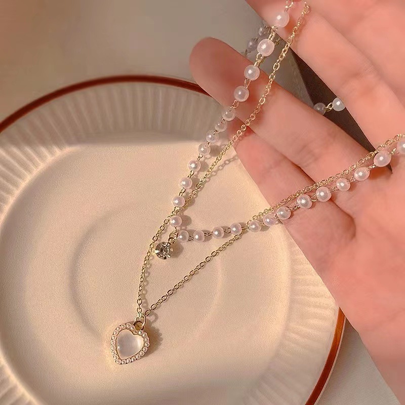 Élégant Sucré Forme De Cœur Alliage Placage Incruster Perles Artificielles Zircon Femmes Collier En Couches display picture 7