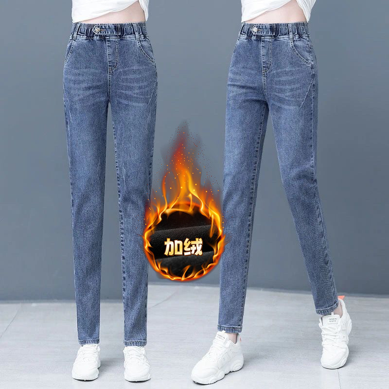 2025 Autumn and Winter New Velvet Thickeneded High-Waisted Jeans Women's Straight Pants Versatile Slimming Look Elastic Waist