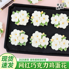 三頭の純白の小さい花の手作りのチョコレートの完成品はデザートを焼いてケーキを飾って卵の花の頭を飾ります。