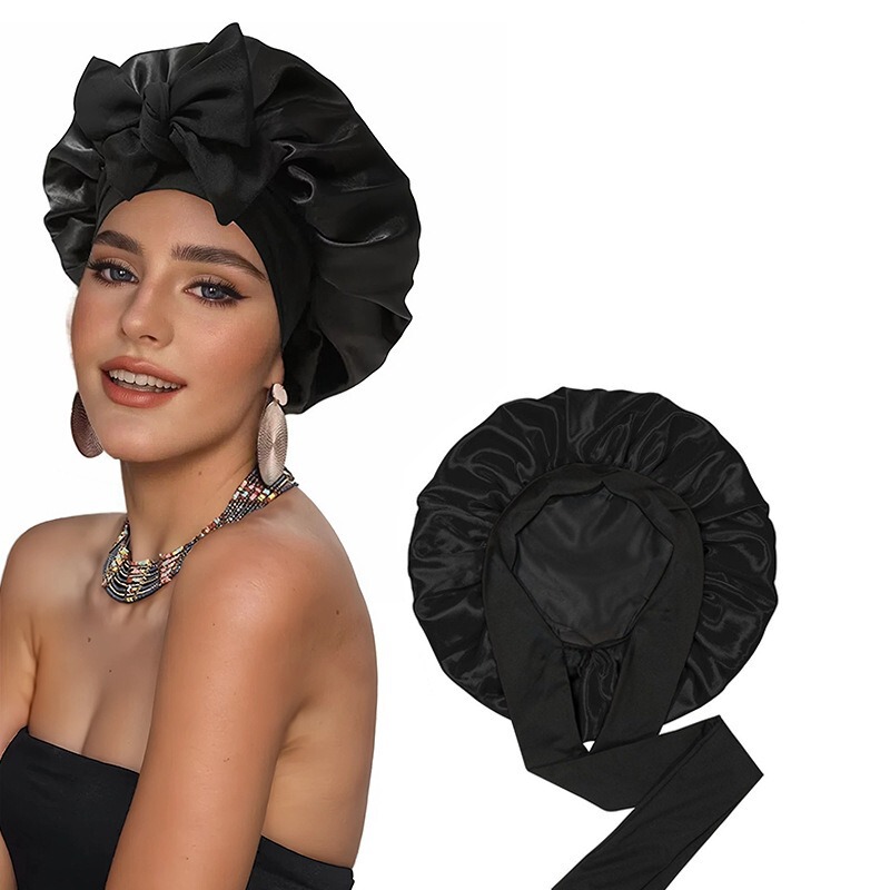 跨境双层色丁飘带睡帽蝴蝶结绑带头巾帽美容护发帽女双面戴bonnet|undefined