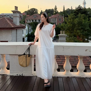 W1568轩辰微胖大码女装气质宽松波点长款连衣裙 遮肚减龄女裙长裙