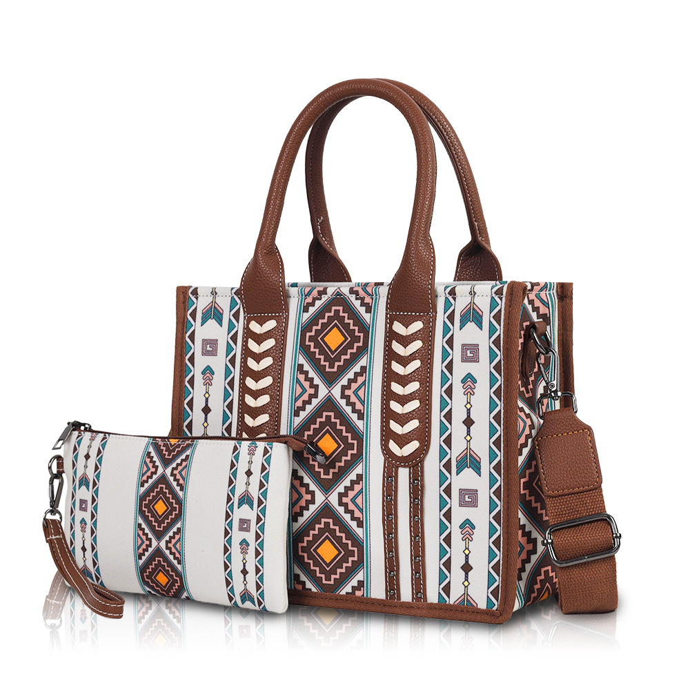 Canvas Material Stripe Pattern Women's Medium Canvas Stripe Vintage Style Square Zipper Bag Sets Handbag