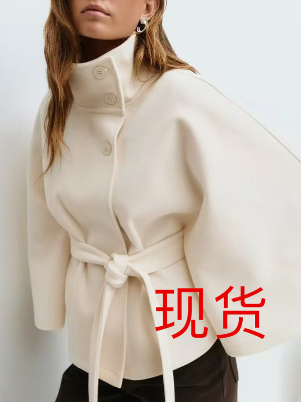 跨境欧美高品质纯色立领系带毛呢时尚气质优雅外套女秋冬新款批发|undefined