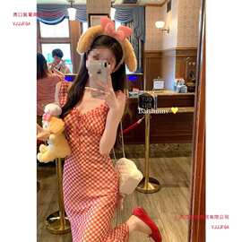 【原版做法＋内里】甜美法式红色格子吊带连衣裙子女度假风鱼尾长