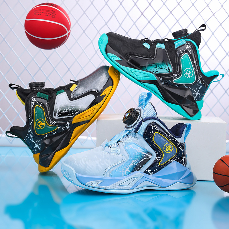 Inventario al por mayor de tendencia de zapatos de baloncesto de cuero con botones giratorios cómodos zapatos deportivos interiores frescos zapatos para niños para correr