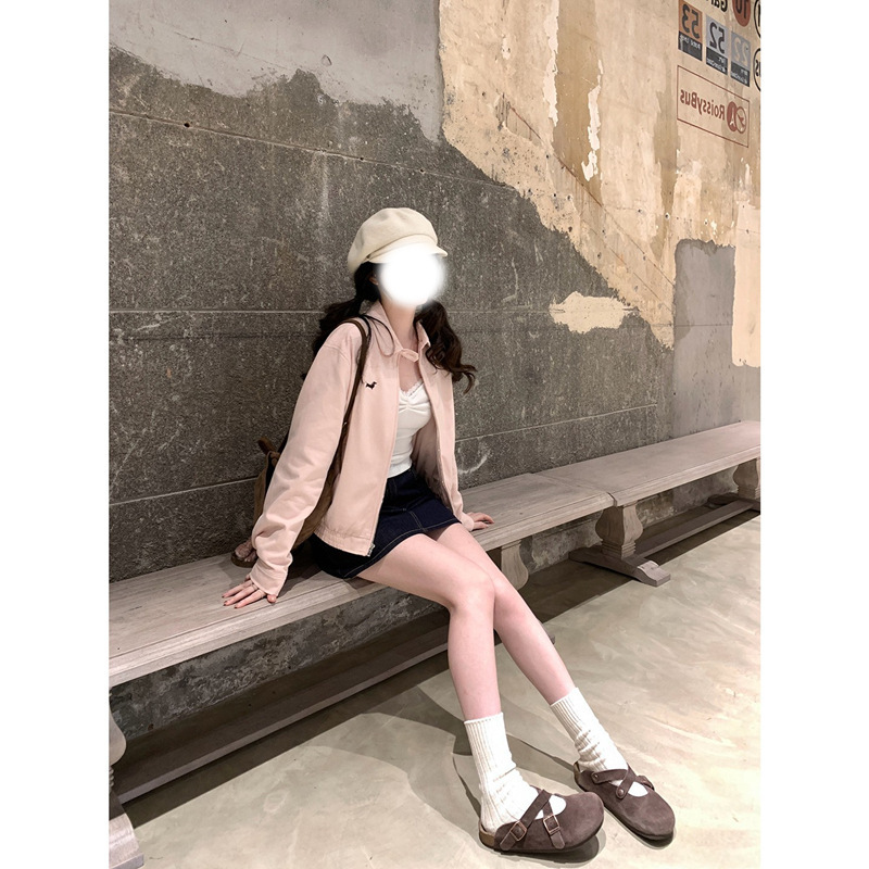 PtonUmi 桃乐茜梦 粉色腊肠狗刺绣夹克女秋韩系宽松休闲翻领外套|undefined