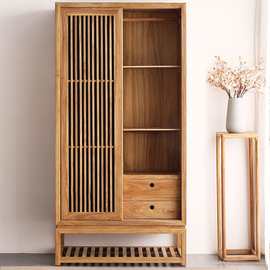 老榆木衣柜家用卧室衣物收纳柜落地推拉门衣橱做旧风双门衣帽柜