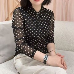 代発2025春の新型波点洋気小シャツファッション気質修身がやせているネット糸弾力シャツ
