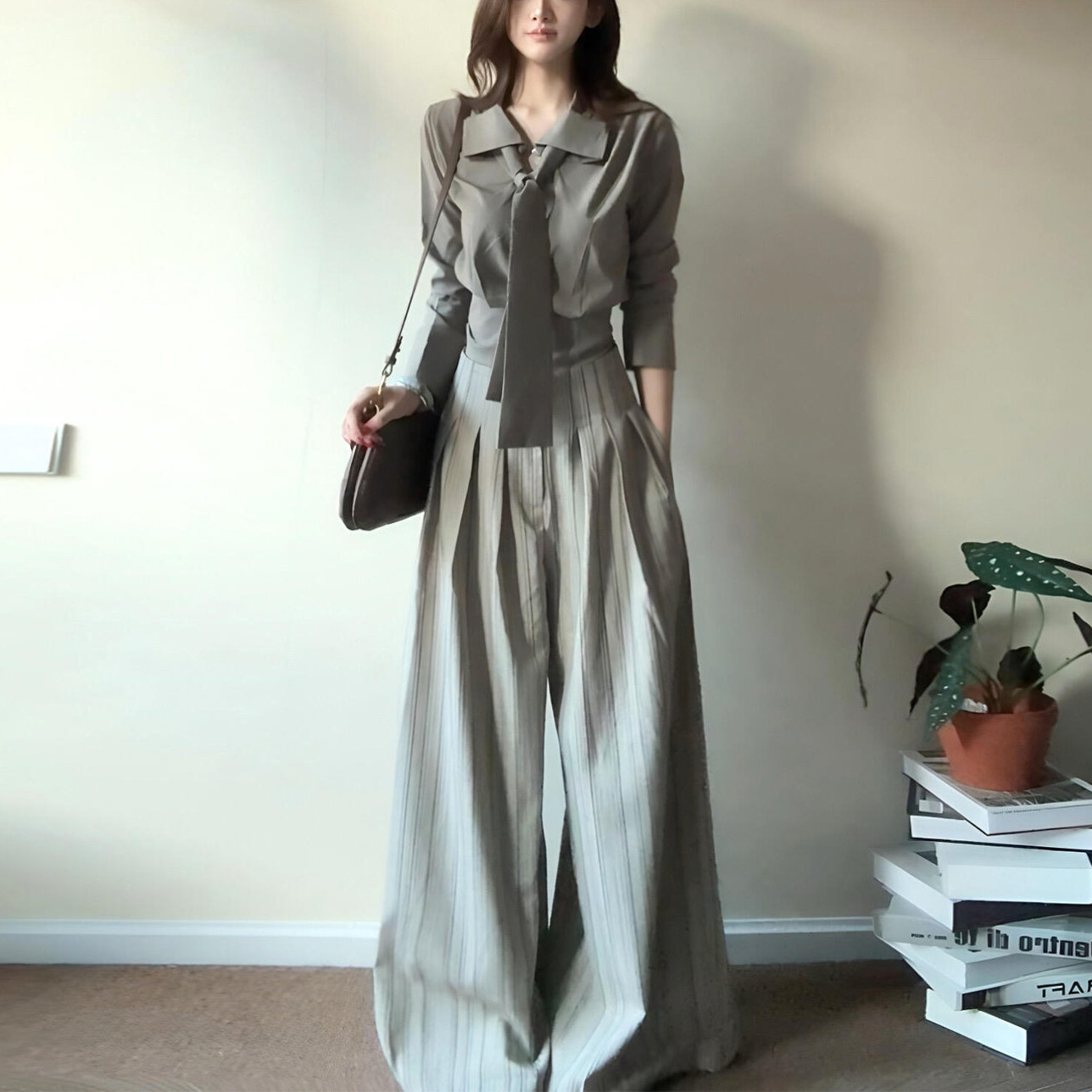 长袖衬衫女装2026新款韩系通勤穿搭套装气质收腰衬衣设计感两件套