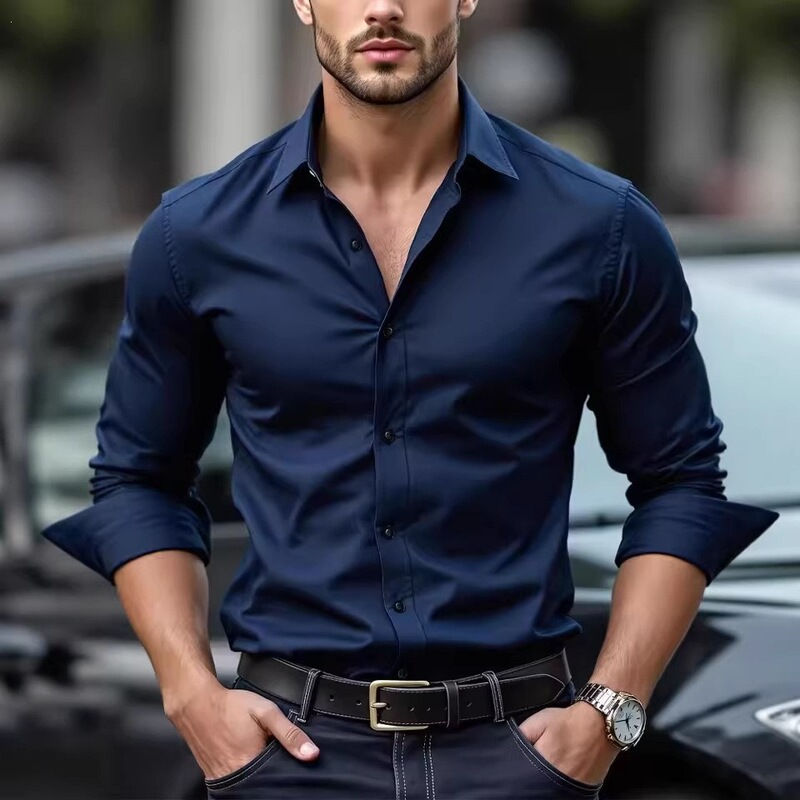 Muscular Men's Business Shirts, No-Iron Professional Work Wear, Summer Anti-Wrinkle Casual Shirts, Men's Long-Sleeved Shirts