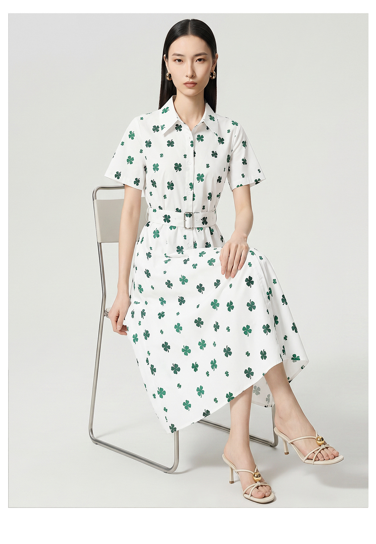 Đầm maxi nữ thắt eo in họa tiết hoa, tay ngắn cổ bẻ, chất cotton thoáng mát — màu trắng chi tiết 11