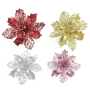 Cross-border 15cm Christmas flower decorative leaves accessories hollow flower Golden artificial flower Gold Pink Christmas flower
