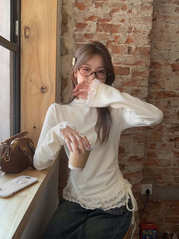 Half-High Collar Fleece-Lined Knitted Long-Sleeve Base Shirt for Women, Autumn and Winter Lace Trim Patchwork Waist-Cinching Inner Top