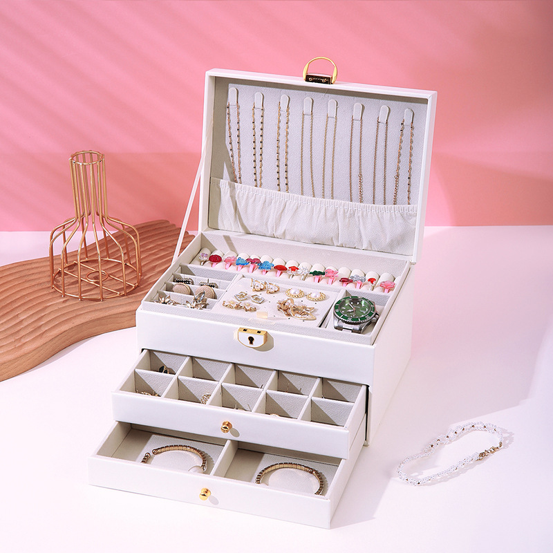 Caja de joyería de diamante de gran capacidad multifuncional, collar, anillo, caja de almacenamiento de joyas, caja de joyería anti-oxidación de tres capas