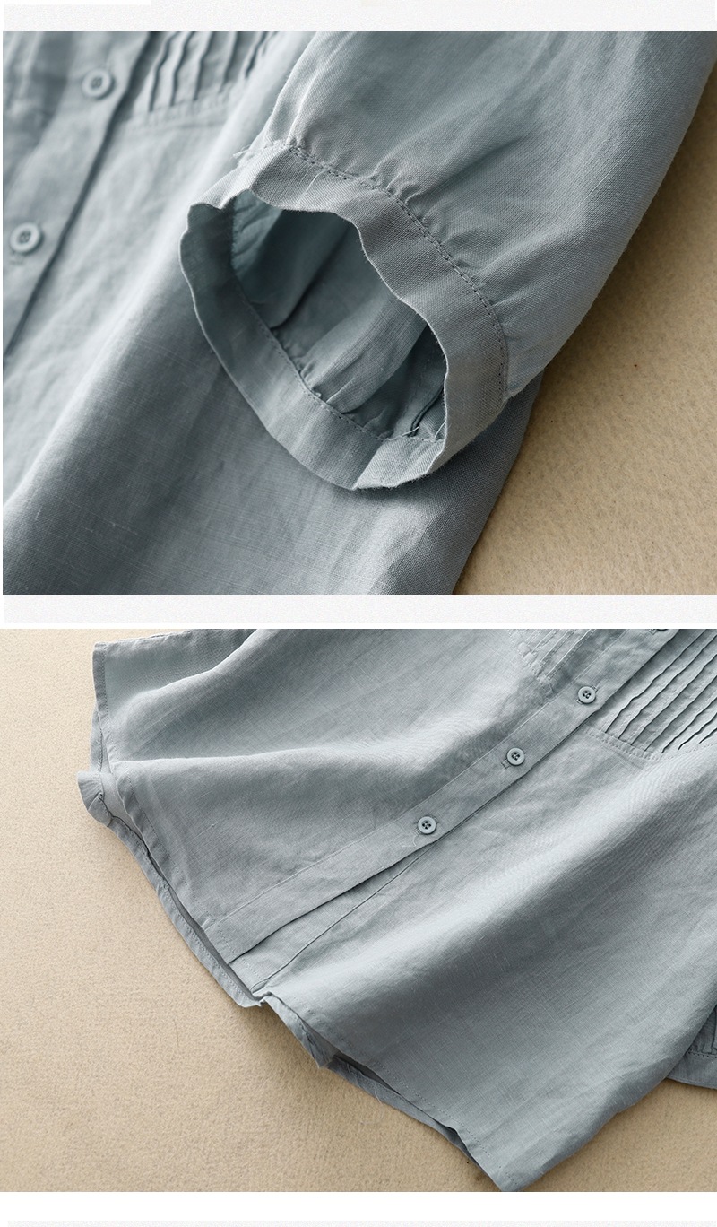 Shirt Collar Neckline Retro Artistic Loose Cotton Linen Shirt French Piano Pleat New Summer Style Women's Basic Shirt Pure Color Commute Fashion