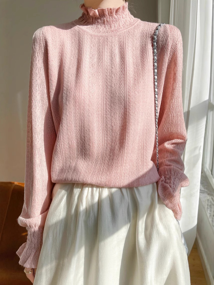 Hormigón de encaje de cuello medio alto jersey de punto para mujeres 2024 otoño y invierno nuevo suelto delgado envejecimiento camisa de manga larga