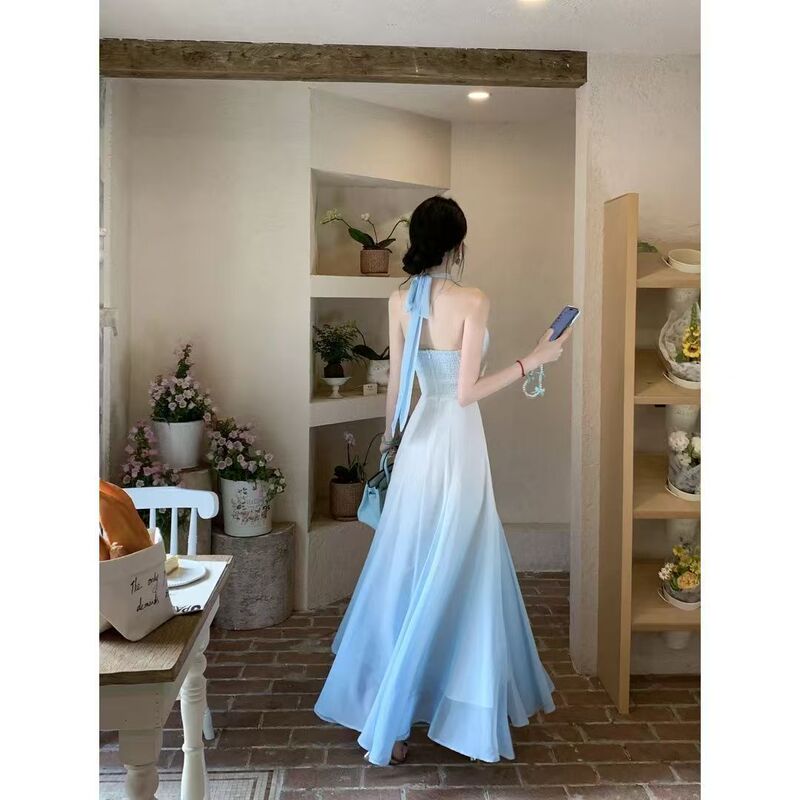 十三行好质量法式时尚绣花收腰蓝色渐变系带挂脖连衣裙女2025夏季|undefined