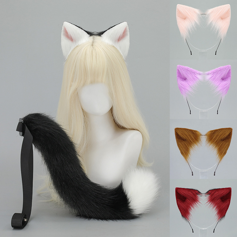 Halloween Animal Ears and Tail Set Comic Show Cat Girl Animal Ears Girl Cos Props Handmade Cat Ear Headband Cat Tail Set