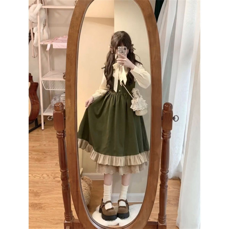 两件套学院风春秋连衣裙女高腰显瘦超仙蕾丝古着公主背带裙+衬衫|undefined