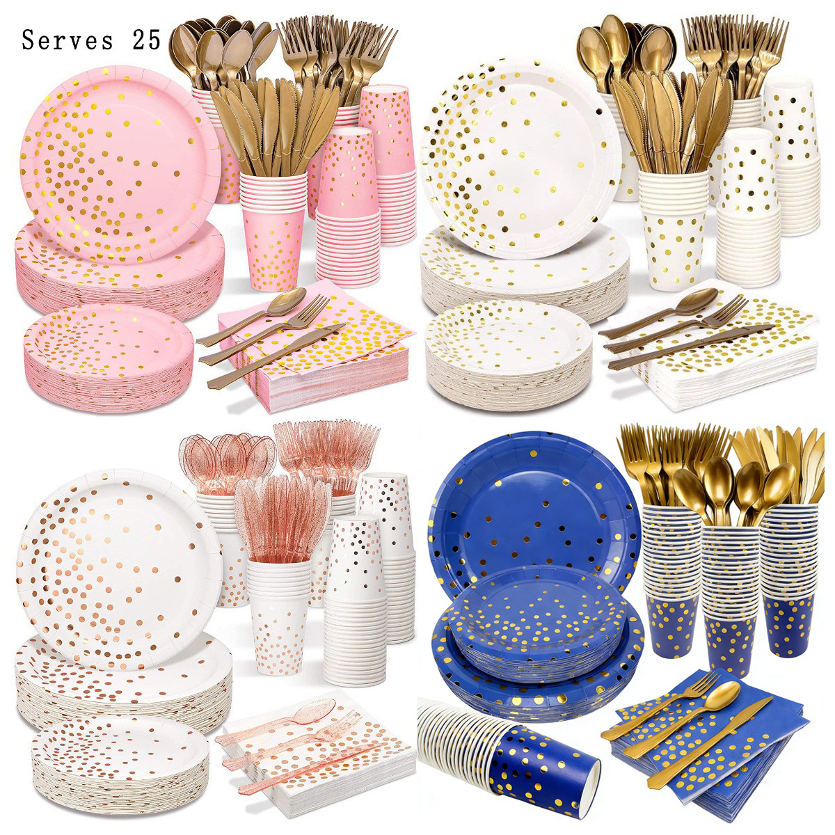 200 Pink Blue Black and White Bronzing Dot Party Supplies 25-Person Paper Cup Paper Tray Paper Towel Arrangement Combination Set
